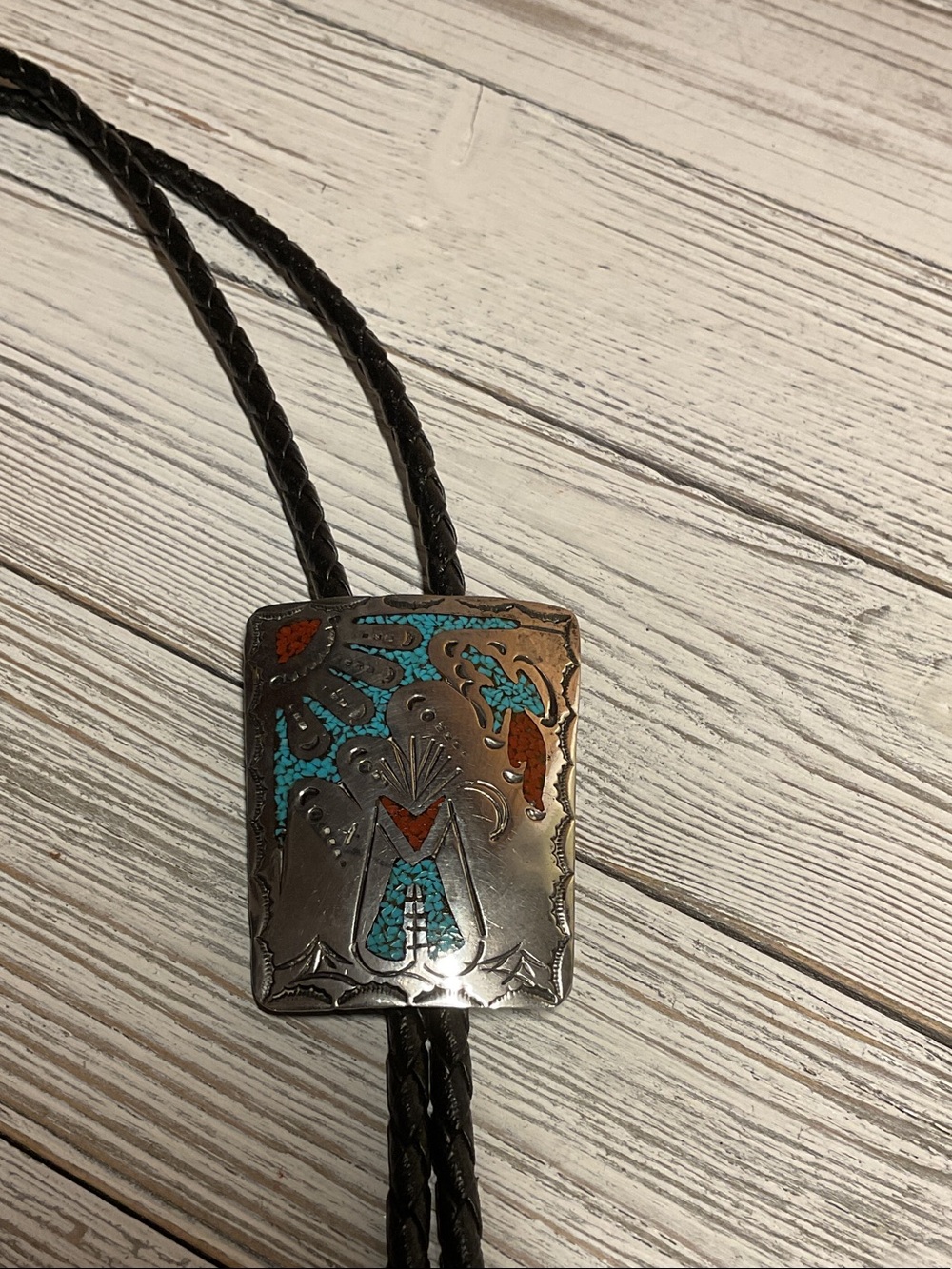 Zuni Bolo tie Bennie Bowekaty sterling 925 Coral Turquoise inlay Thunderbird Sun